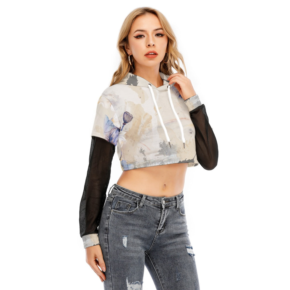 All-Over Print Women's Fake Two-piece Mesh Sleeve Cropped Hoodie