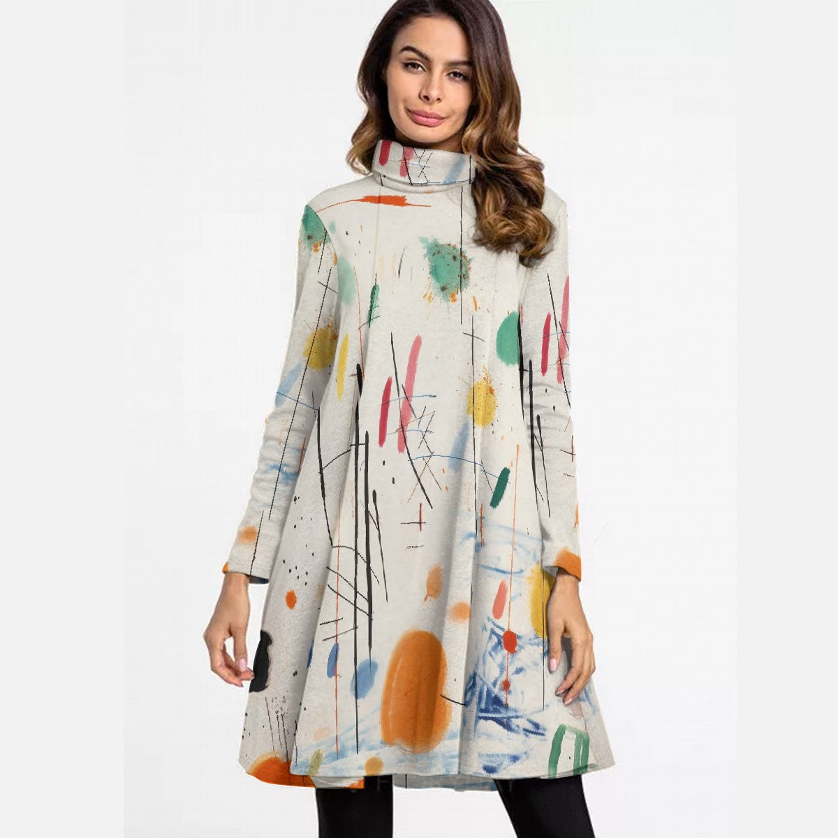 All-Over Print Women's High Neck Dress With Long Sleeve