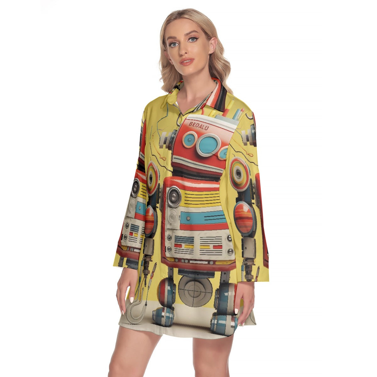 All-Over Print Women's Lapel Shirt Dress With Long Sleeve