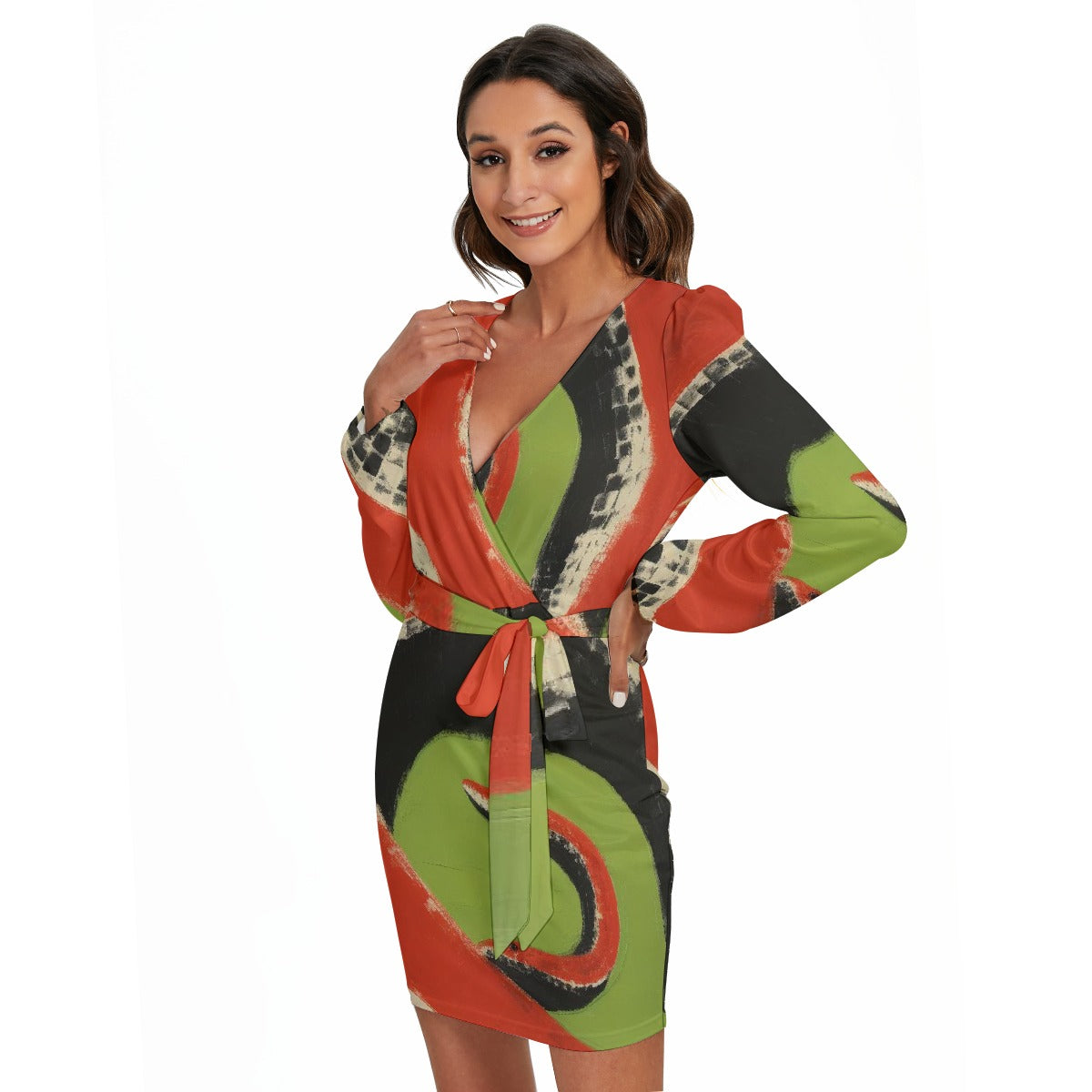 All-Over Print Women's Long Sleeve Dress With Waist Belt