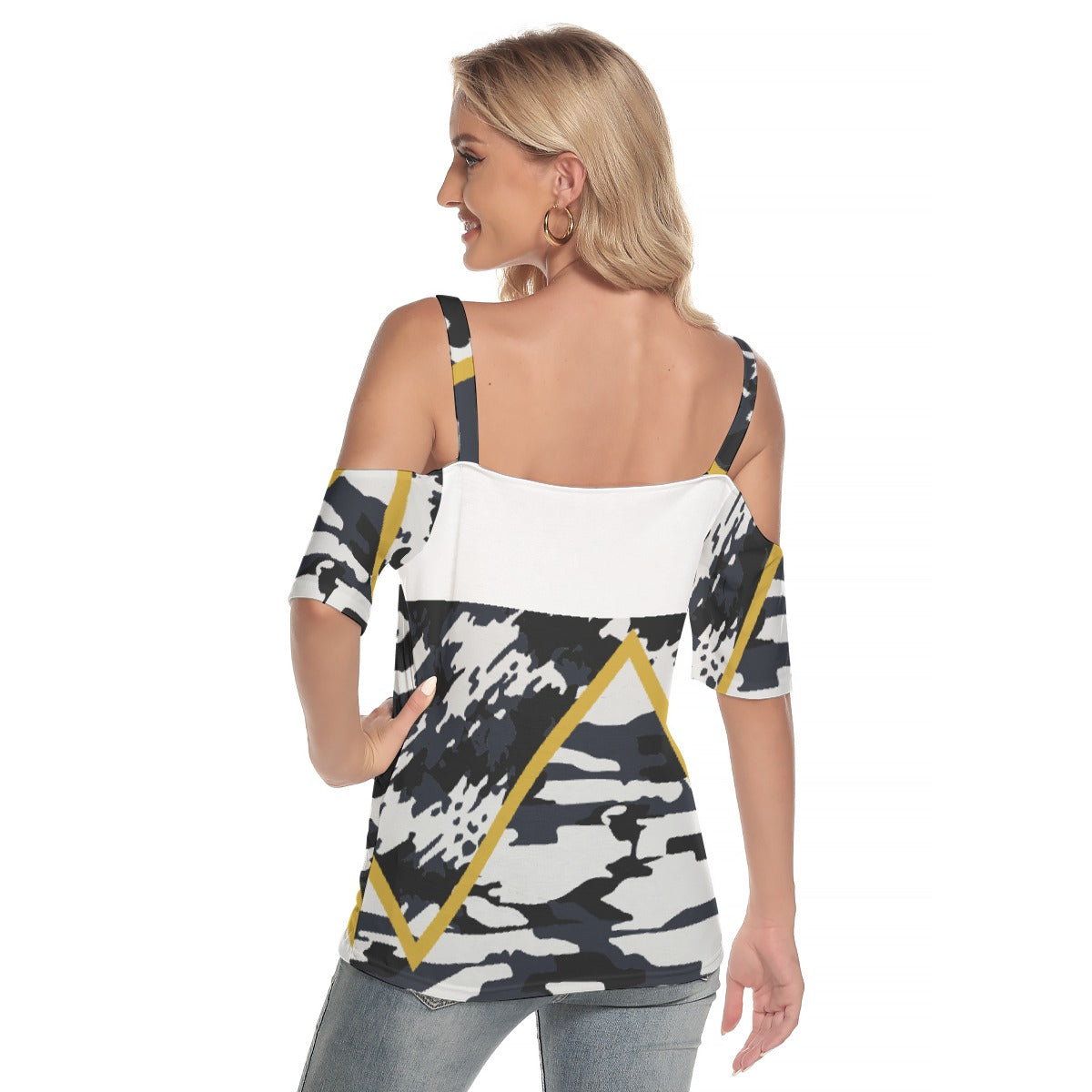 All-Over Print Women's Cold Shoulder T-shirt With Criss Cross Strips