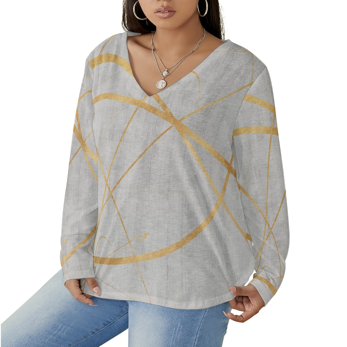 All-Over Print Women's V-neck T-shirt With Curved Hem(Plus Size)