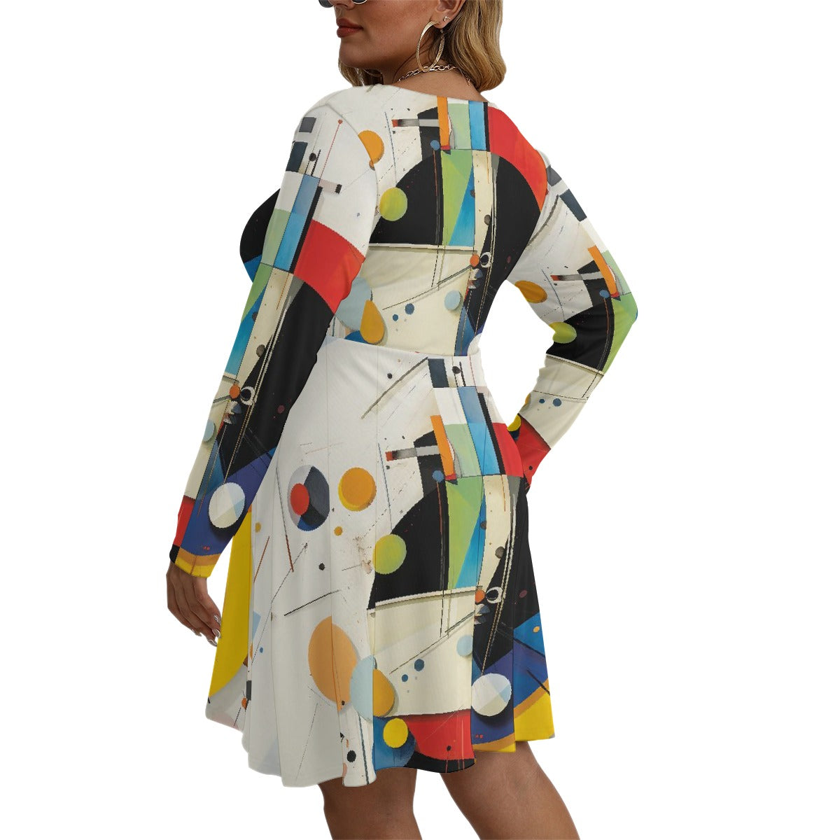 All-Over Print Women's V-neck Long Sleeve Dress(Plus Size)