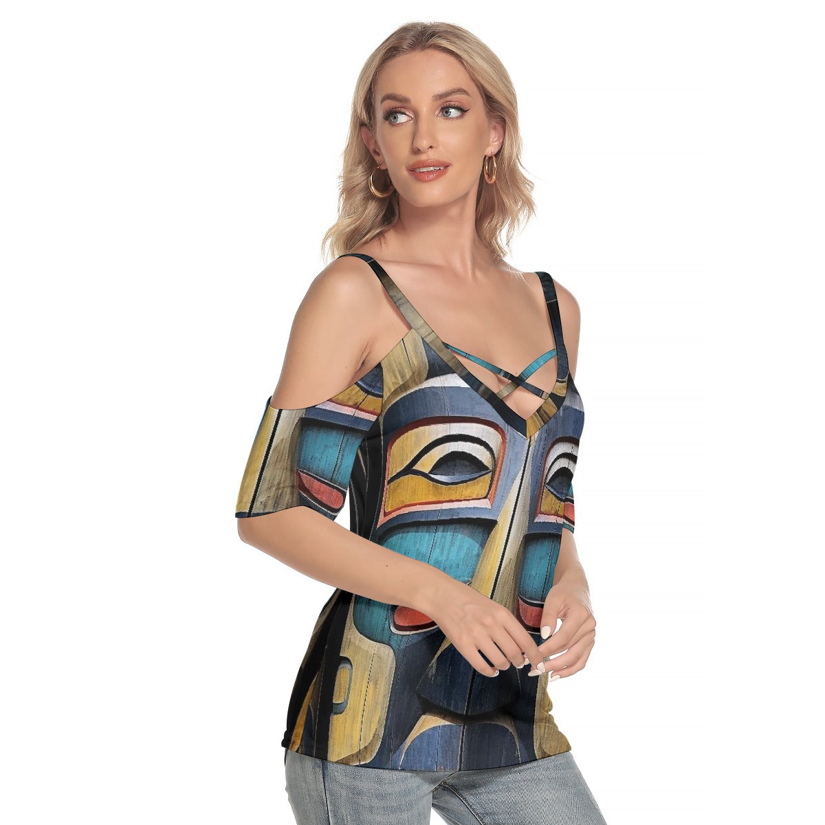 All-Over Print Women's Cold Shoulder T-shirt With Criss Cross Strips