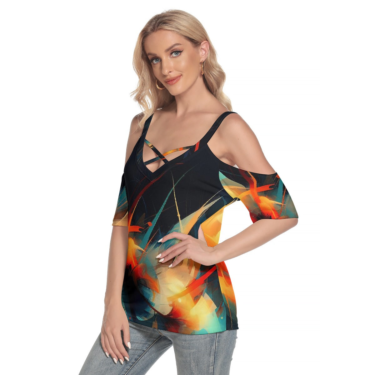 All-Over Print Women's Cold Shoulder T-shirt With Criss Cross Strips