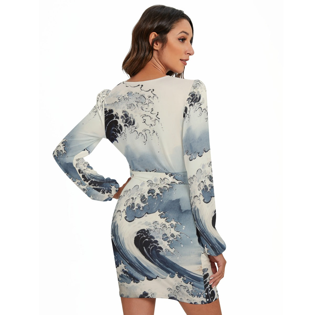 All-Over Print Women's Long Sleeve Dress With Waist Belt