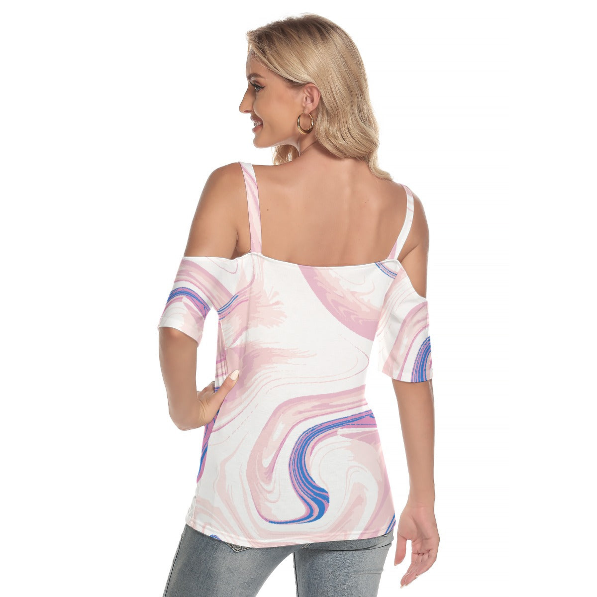 All-Over Print Women's Cold Shoulder T-shirt With Criss Cross Strips