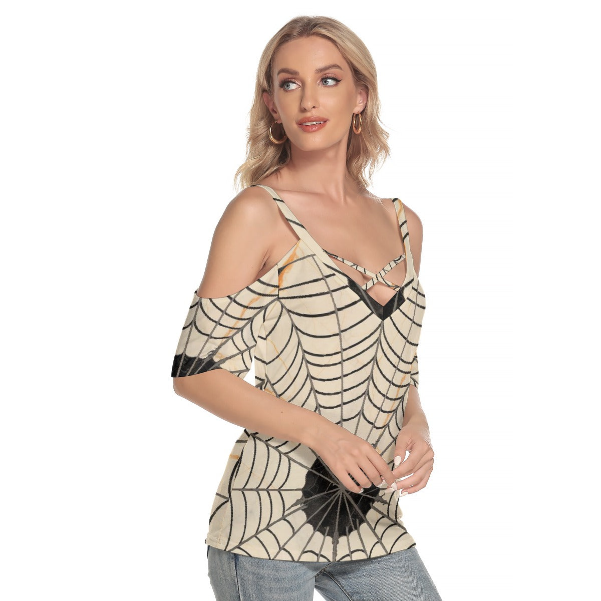 All-Over Print Women's Cold Shoulder T-shirt With Criss Cross Strips