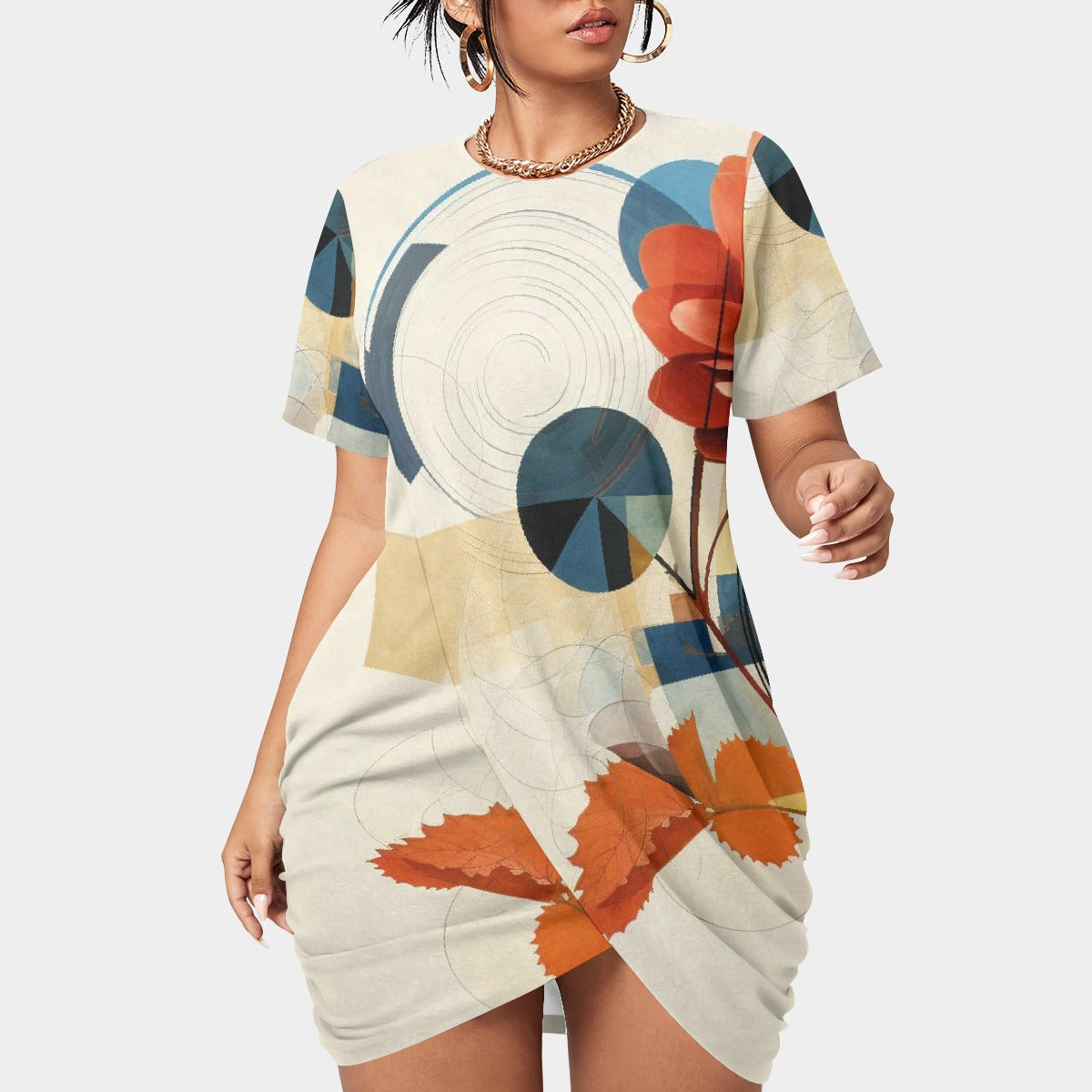 All-Over Print Women’s Stacked Hem Dress With Short Sleeve（Plus Size）