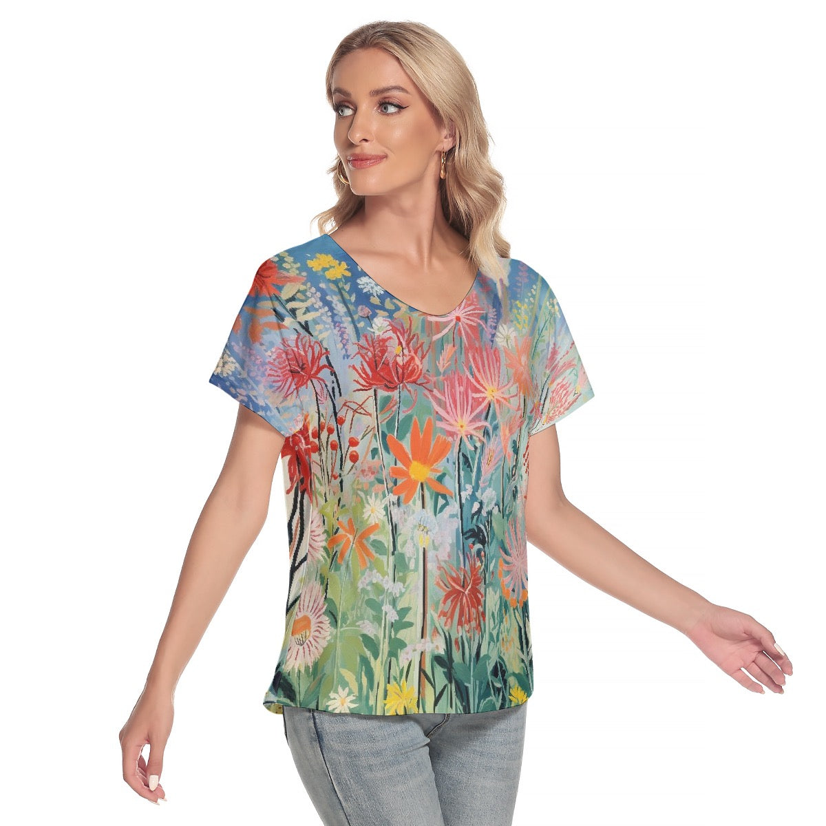 All-Over Print Women's Loose V-neck Short Sleeve T-shirt