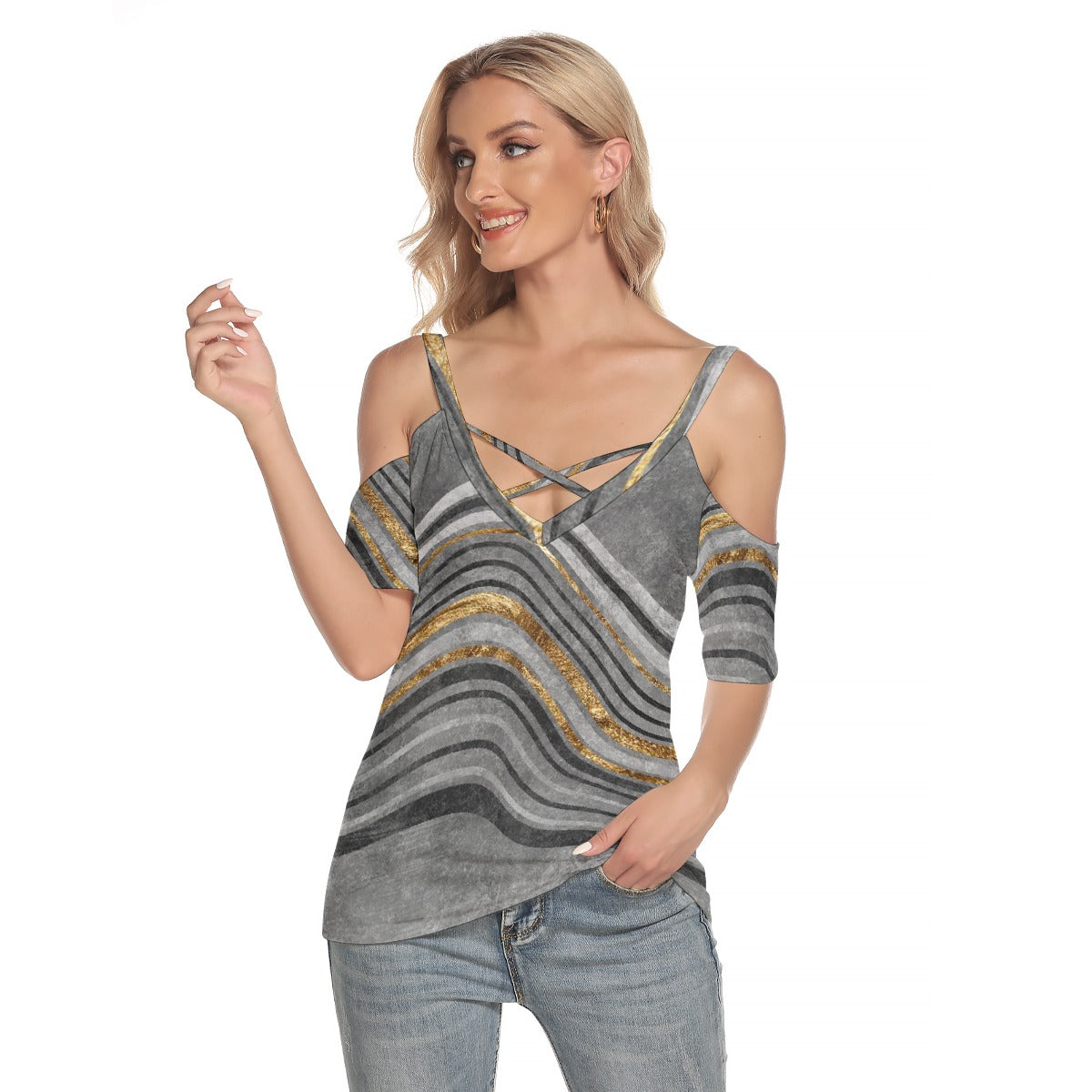 All-Over Print Women's Cold Shoulder T-shirt With Criss Cross Strips