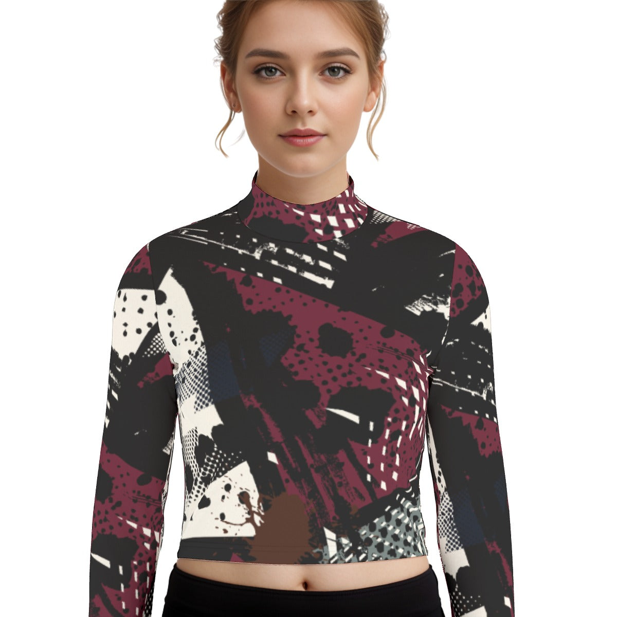 Eco-Friendly All-Over Print Women's Turtleneck T-shirt With Long Sleeve