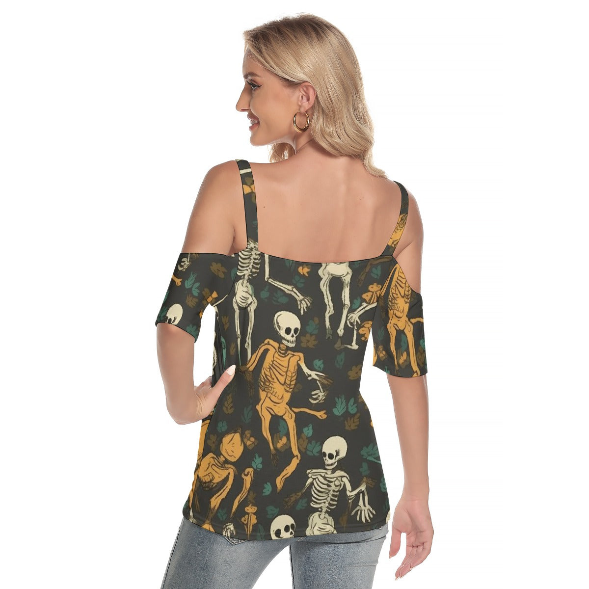 All-Over Print Women's Cold Shoulder T-shirt With Criss Cross Strips