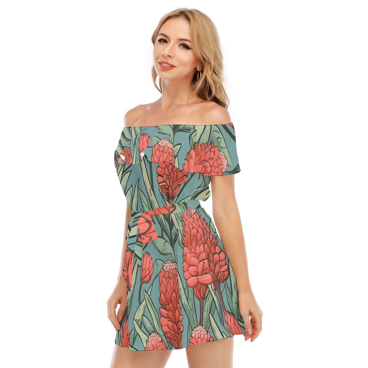 All-Over Print Women's Off-shoulder Dress With Ruffle