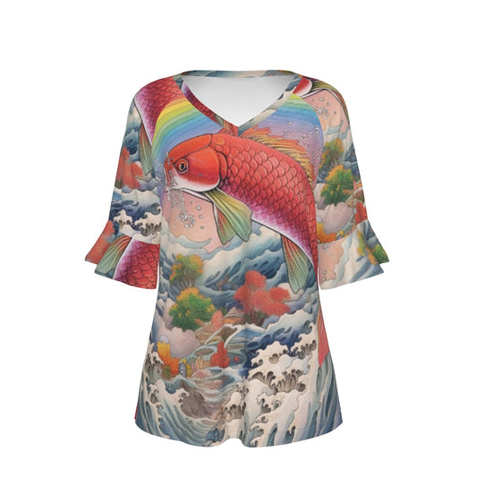 All-Over Print V-neck Women's T-shirt With Bell Sleeve