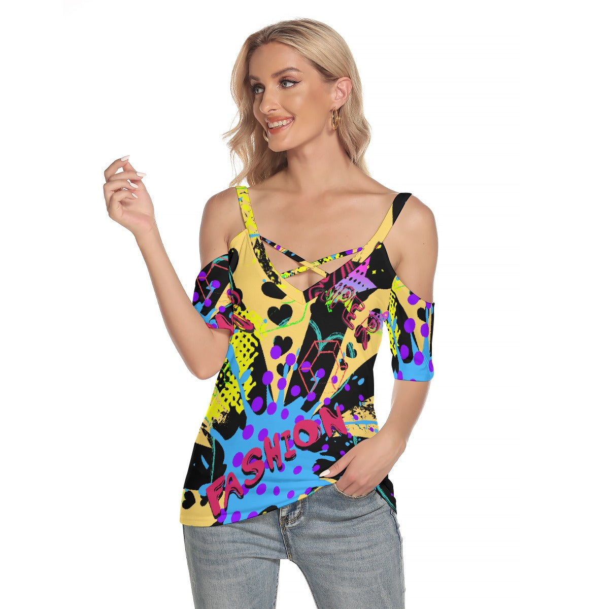 All-Over Print Women's Cold Shoulder T-shirt With Criss Cross Strips