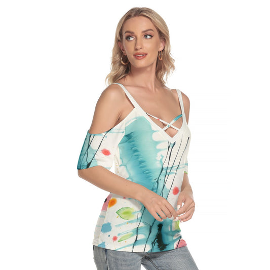 All-Over Print Women's Cold Shoulder T-shirt With Criss Cross Strips