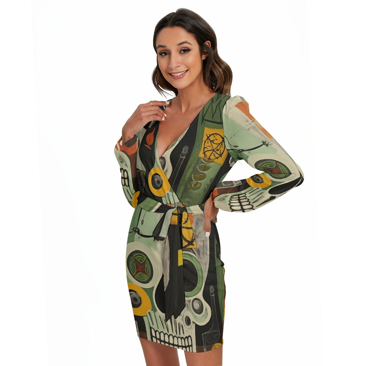 All-Over Print Women's Long Sleeve Dress With Waist Belt