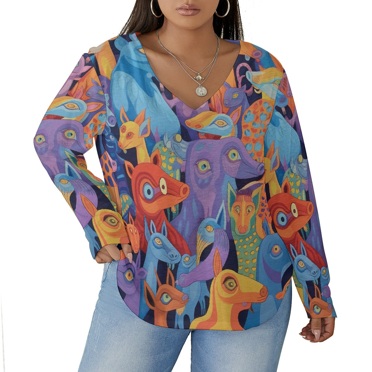 All-Over Print Women's V-neck T-shirt With Curved Hem(Plus Size)