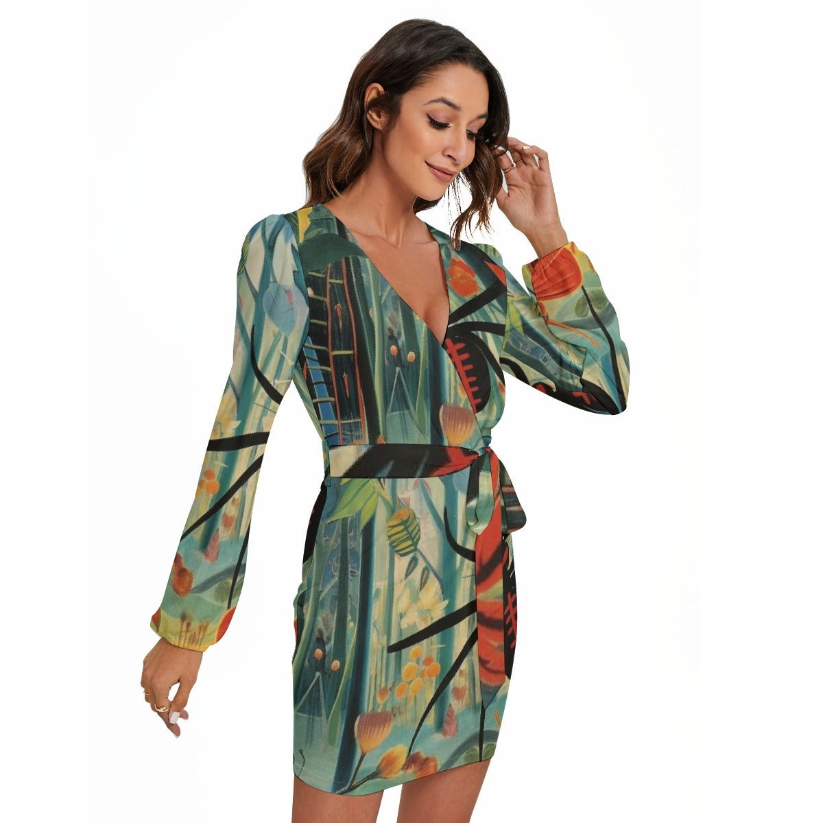 All-Over Print Women's Long Sleeve Dress With Waist Belt