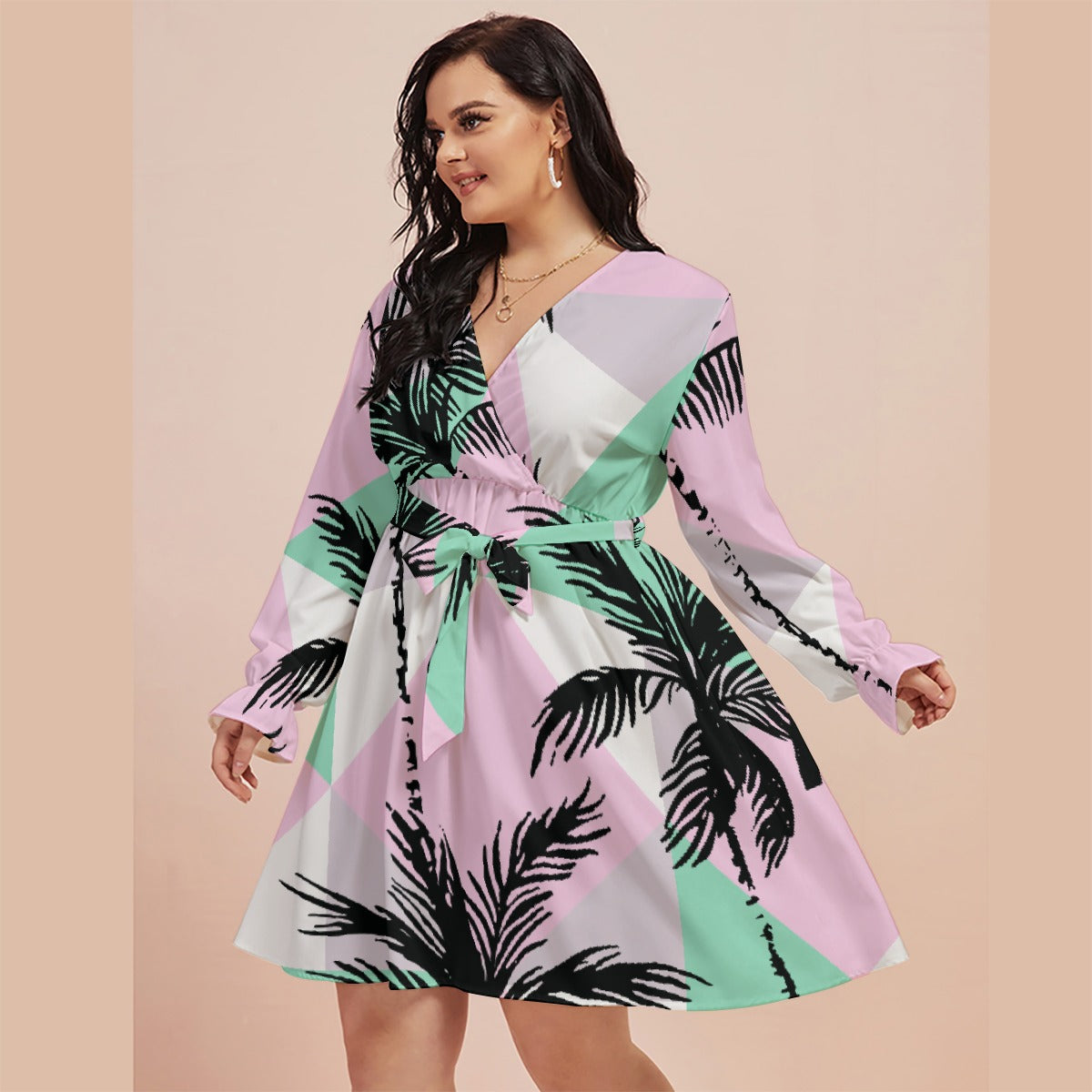 All-Over Print Women's V-neck Dress With Waistband(Plus Size)