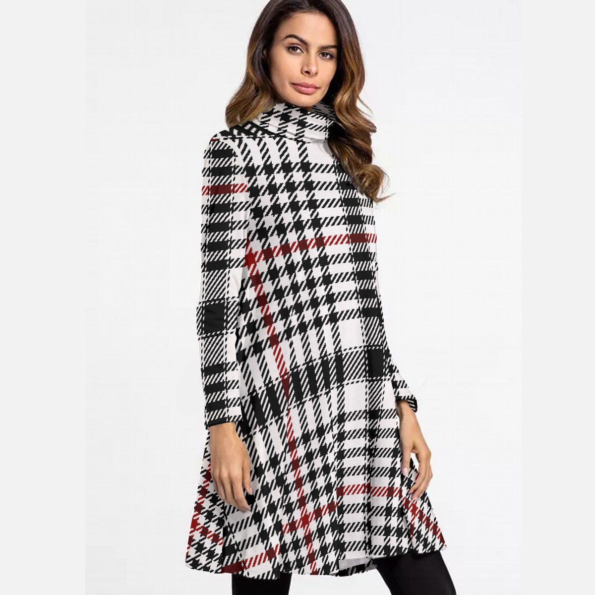 All-Over Print Women's High Neck Dress With Long Sleeve