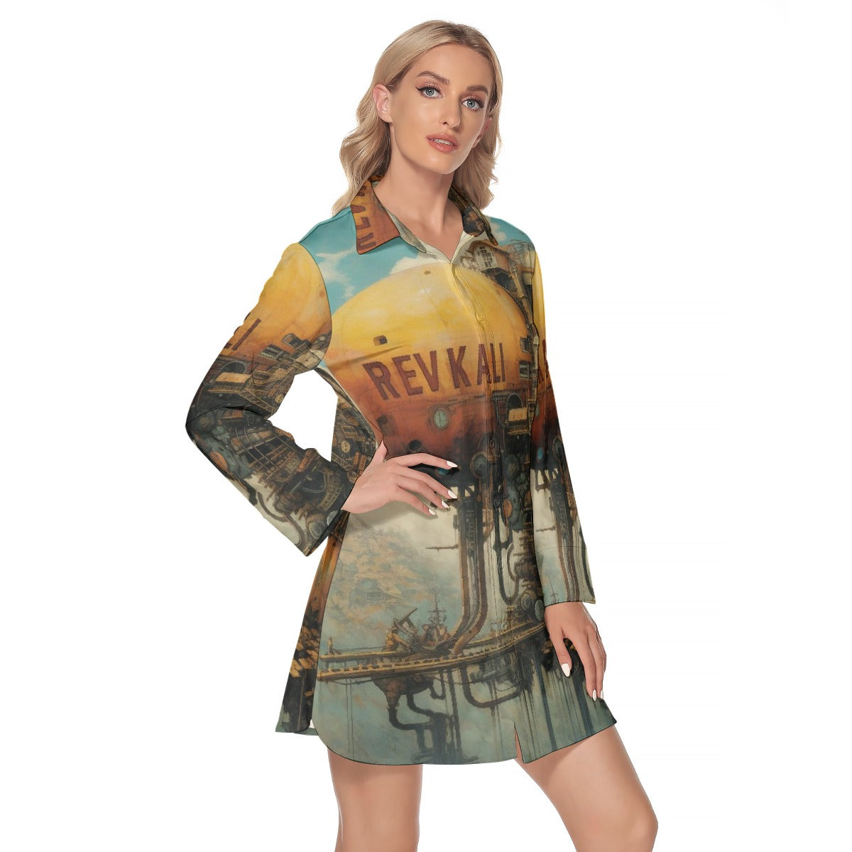 All-Over Print Women's Lapel Shirt Dress With Long Sleeve