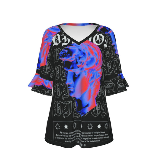 All-Over Print V-neck Women's T-shirt With Bell Sleeve