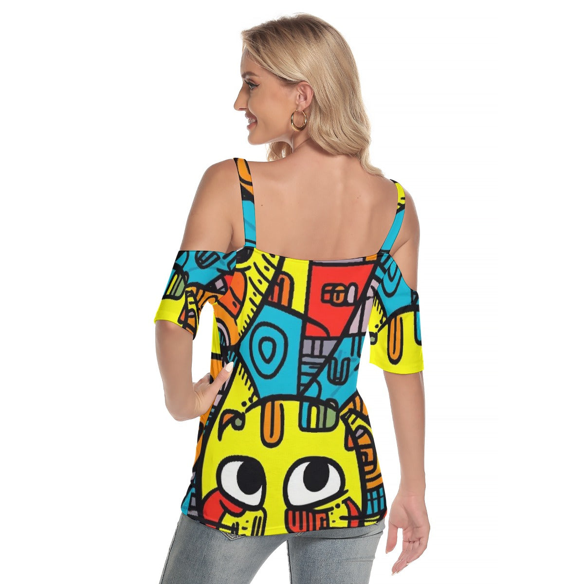 All-Over Print Women's Cold Shoulder T-shirt With Criss Cross Strips