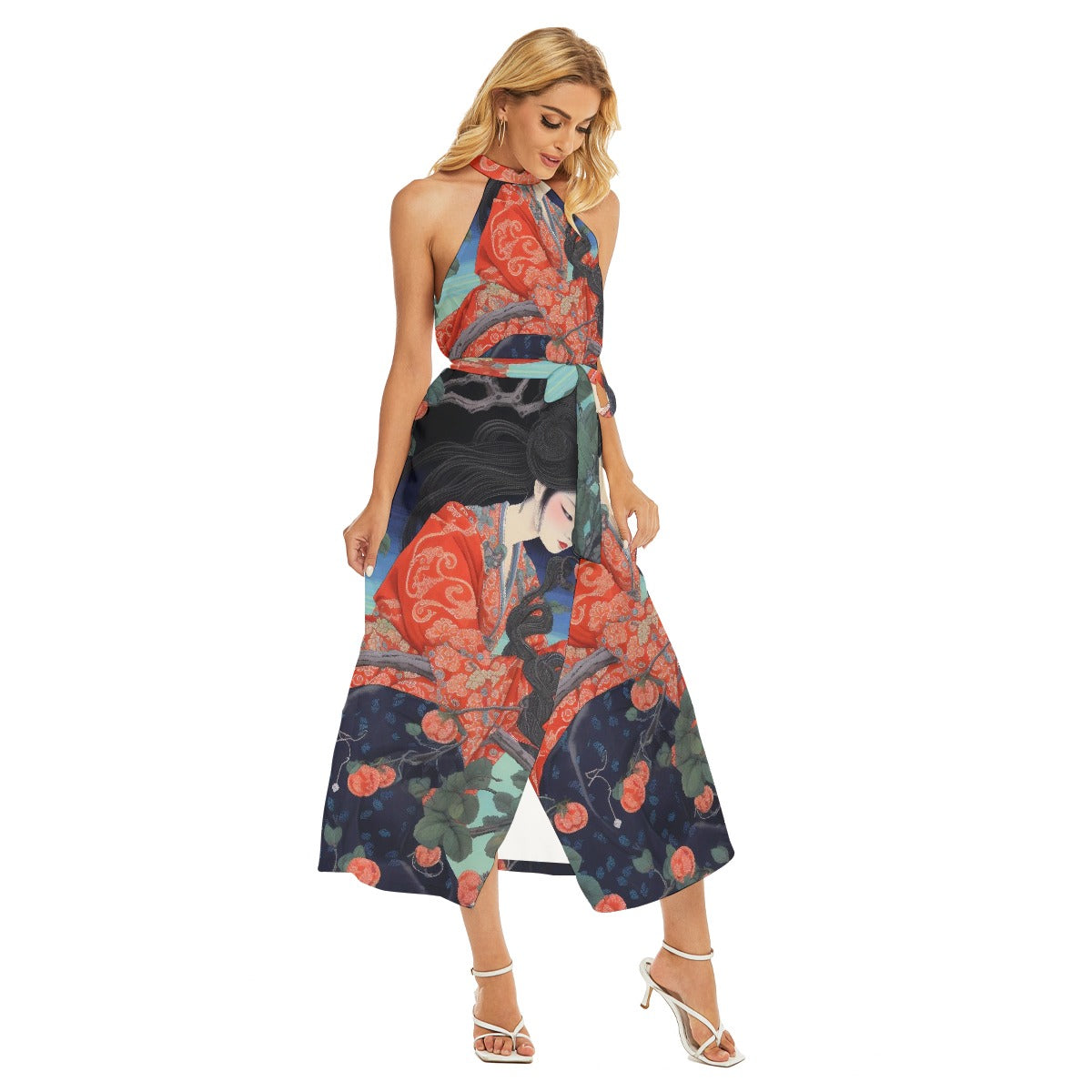 All-Over Print Women's Wrap Hem Belted Halter Dress