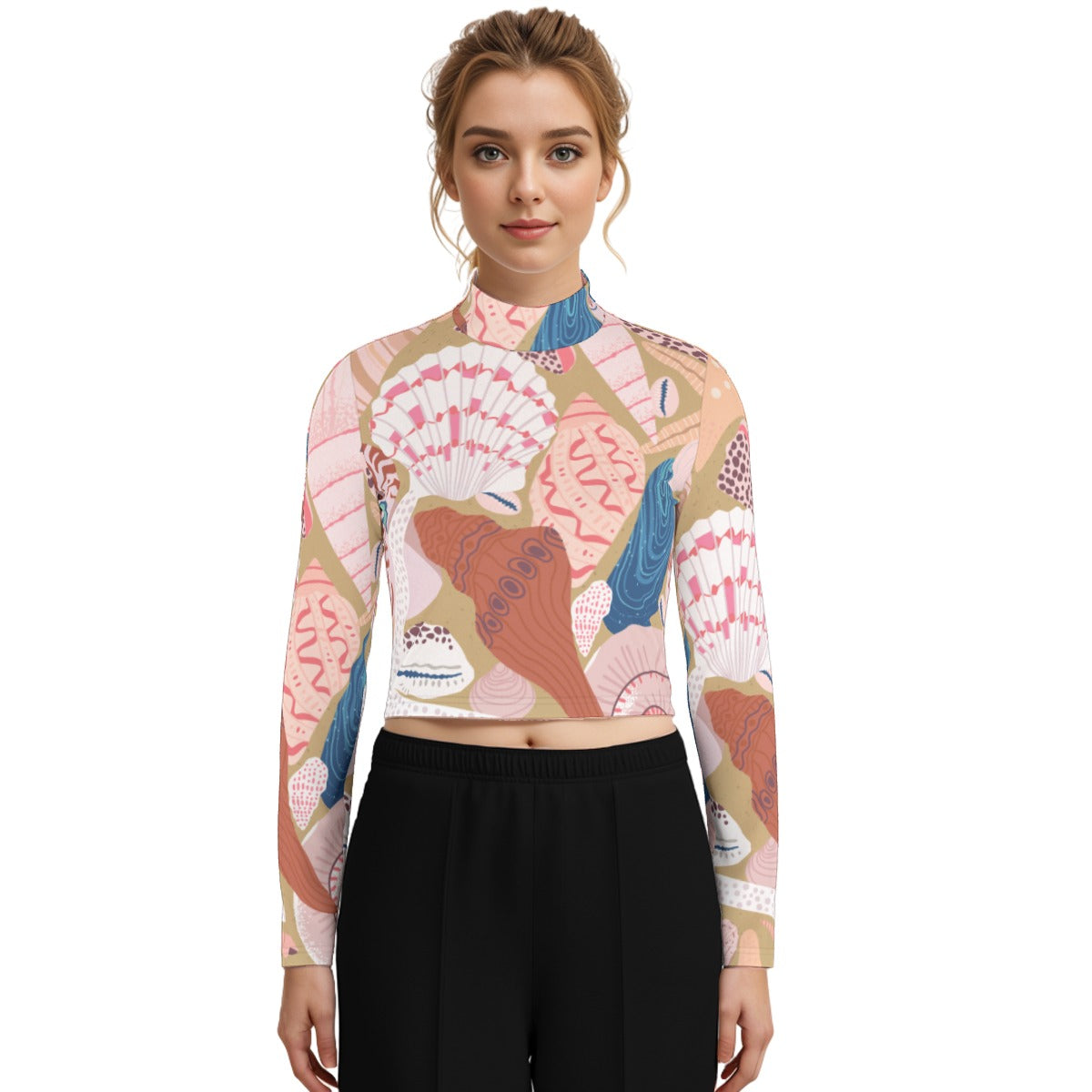 Eco-Friendly All-Over Print Women's Turtleneck T-shirt With Long Sleeve