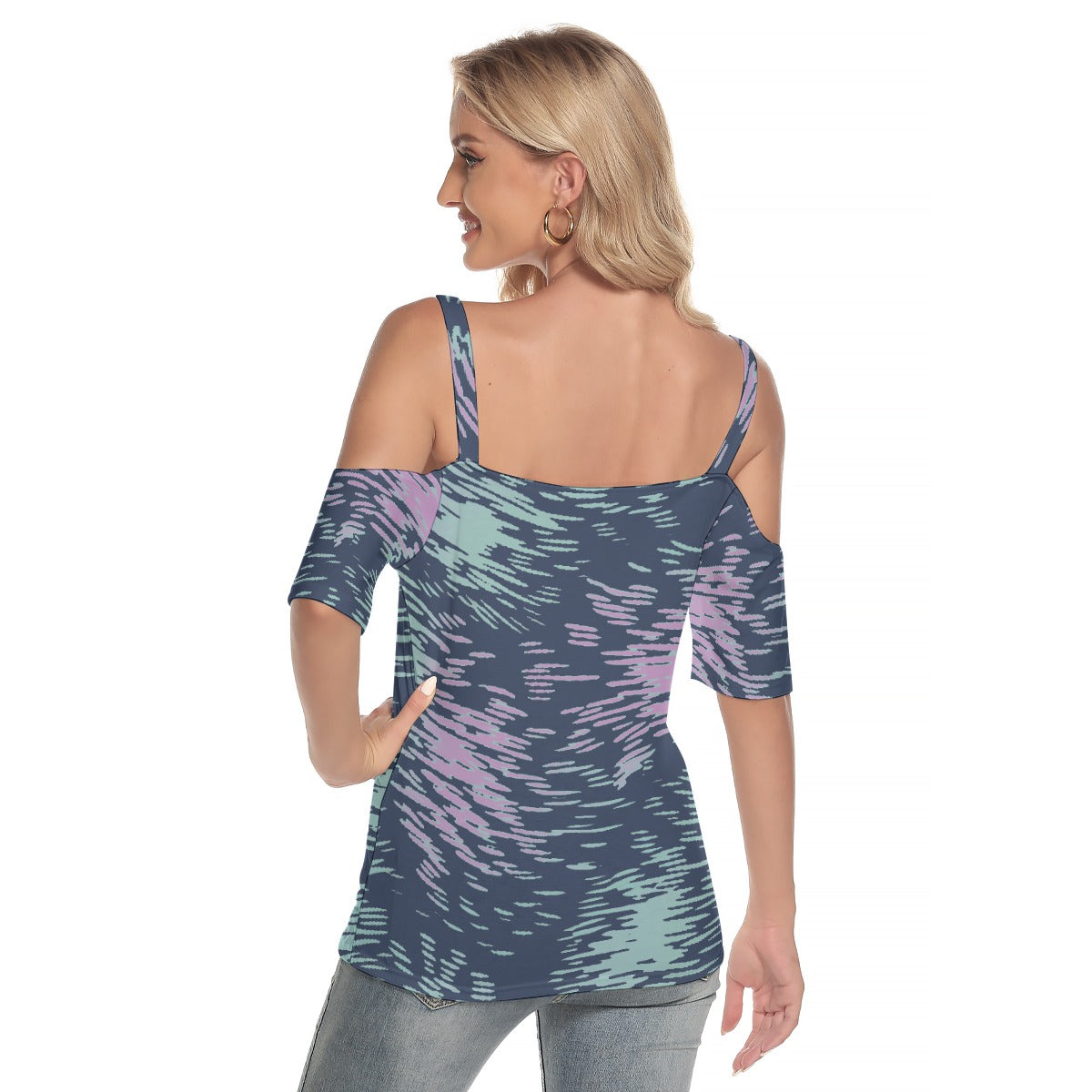 All-Over Print Women's Cold Shoulder T-shirt With Criss Cross Strips