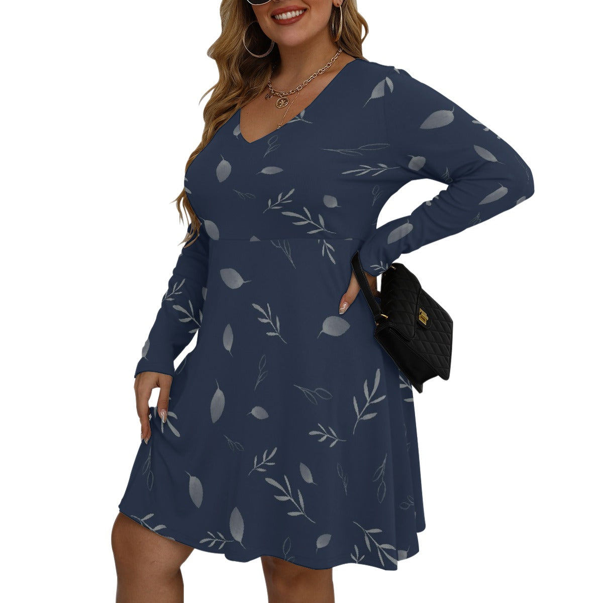 All-Over Print Women's V-neck Long Sleeve Dress(Plus Size)