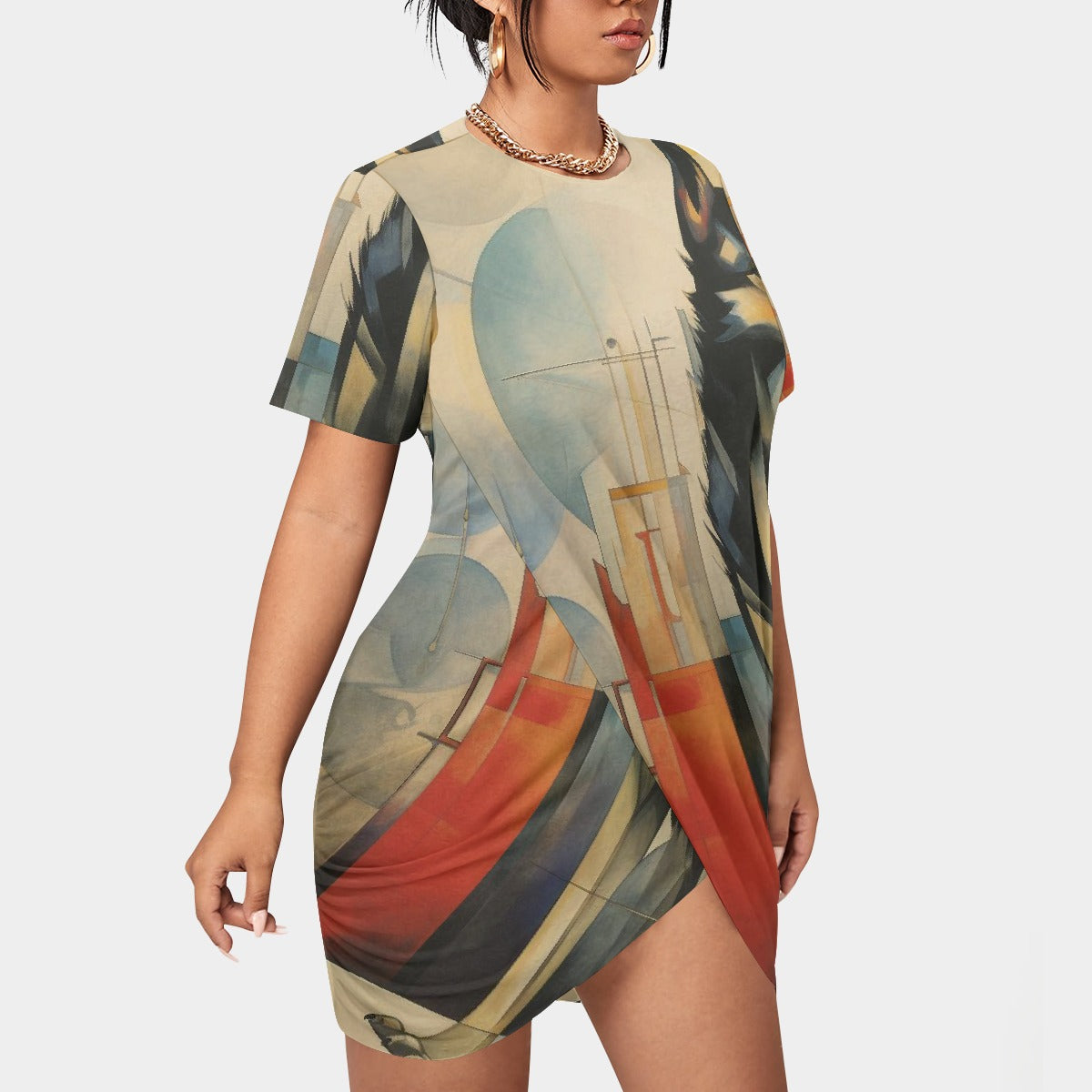 All-Over Print Women’s Stacked Hem Dress With Short Sleeve（Plus Size）