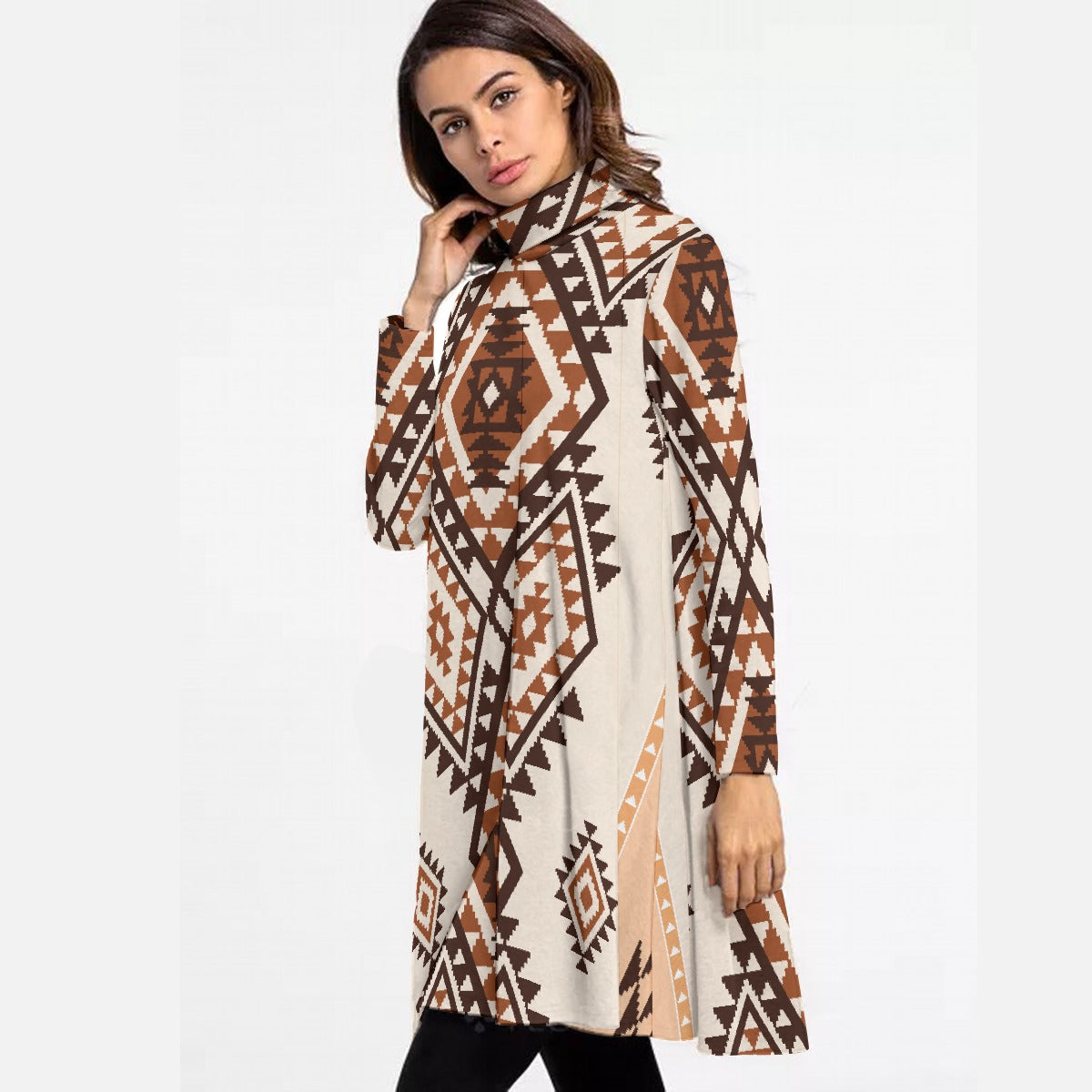 All-Over Print Women's High Neck Dress With Long Sleeve