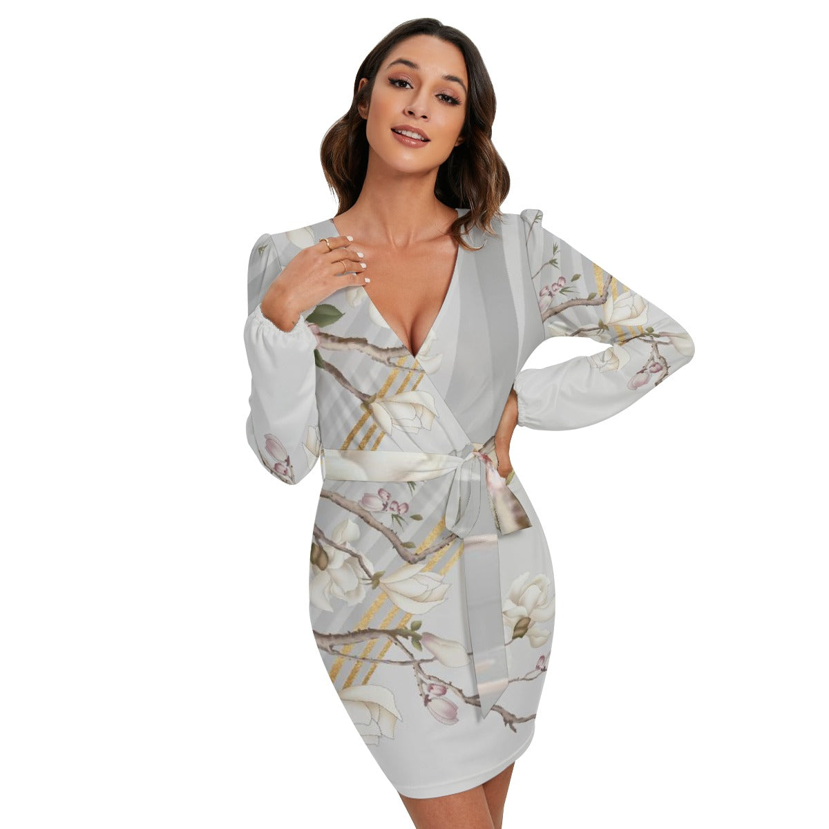 All-Over Print Women's Long Sleeve Dress With Waist Belt