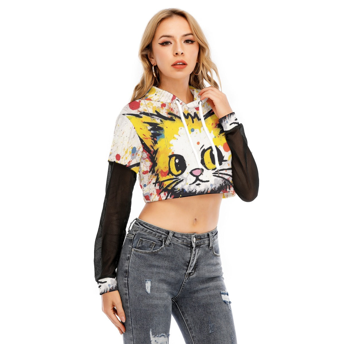 All-Over Print Women's Fake Two-piece Mesh Sleeve Cropped Hoodie