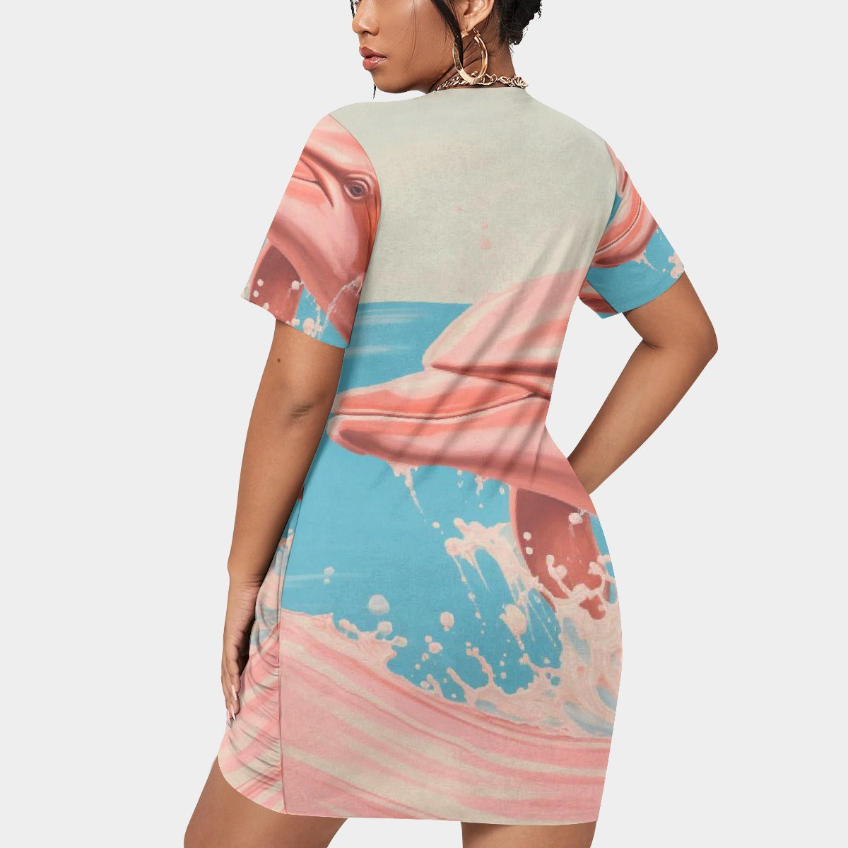 All-Over Print Women’s Stacked Hem Dress With Short Sleeve（Plus Size）