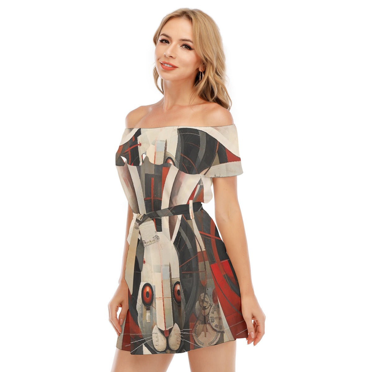 All-Over Print Women's Off-shoulder Dress With Ruffle