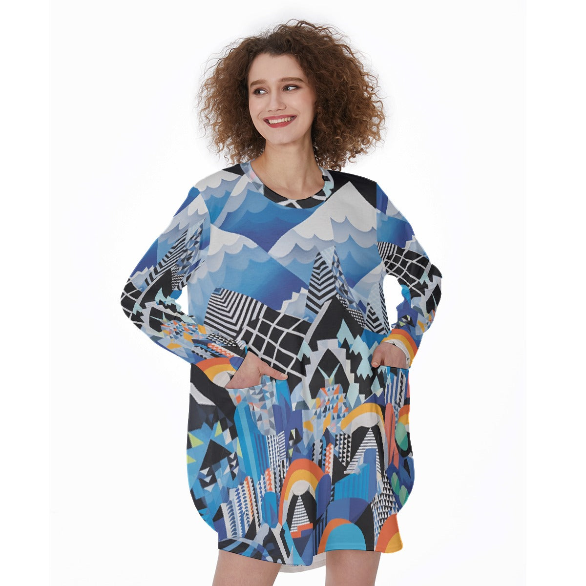 All-Over Print Women's Casual Loose Long Sleeve Dress With Pocket