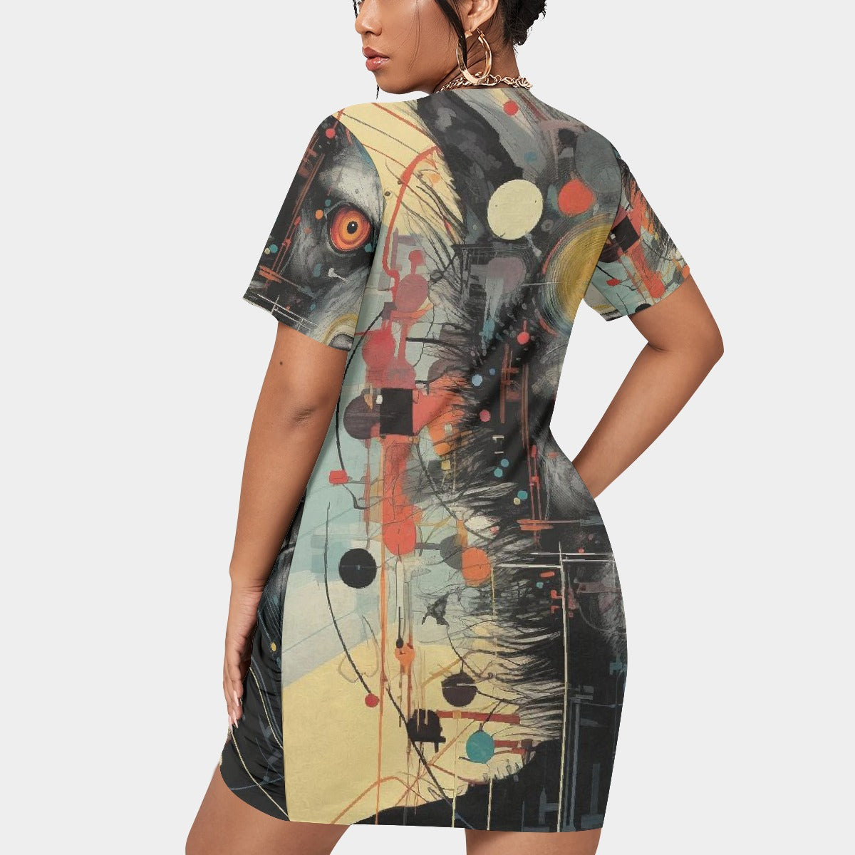 All-Over Print Women’s Stacked Hem Dress With Short Sleeve（Plus Size）