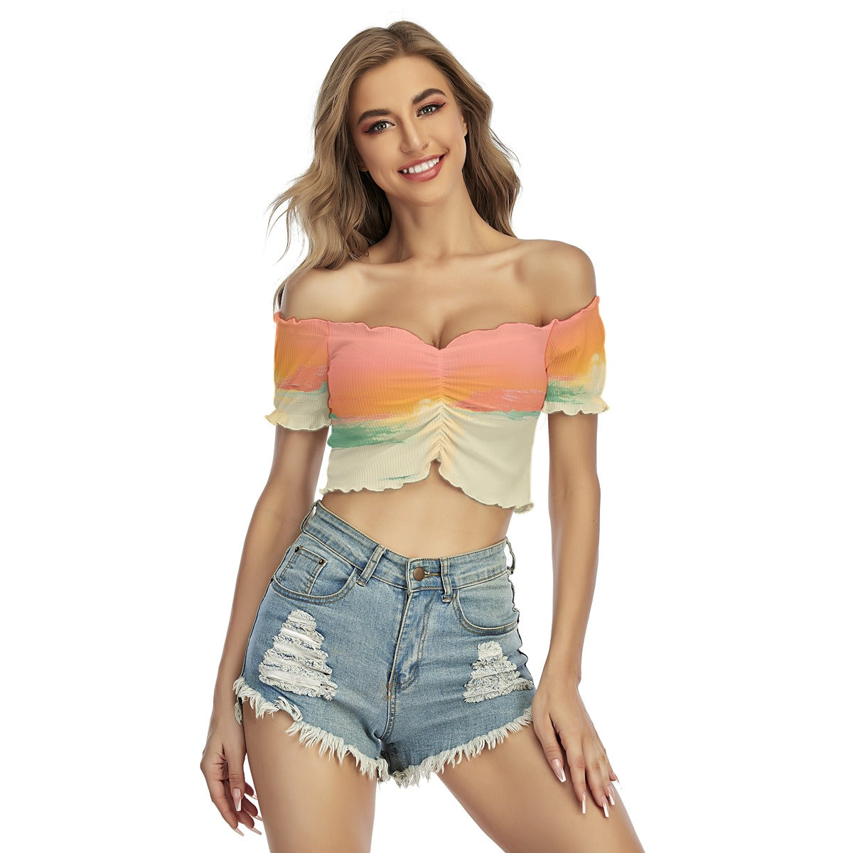 All-Over Print Women's One-shoulder Off-the-navel Short Sleeve T-shirt