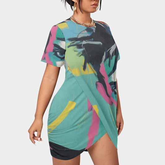 All-Over Print Women’s Stacked Hem Dress With Short Sleeve（Plus Size）