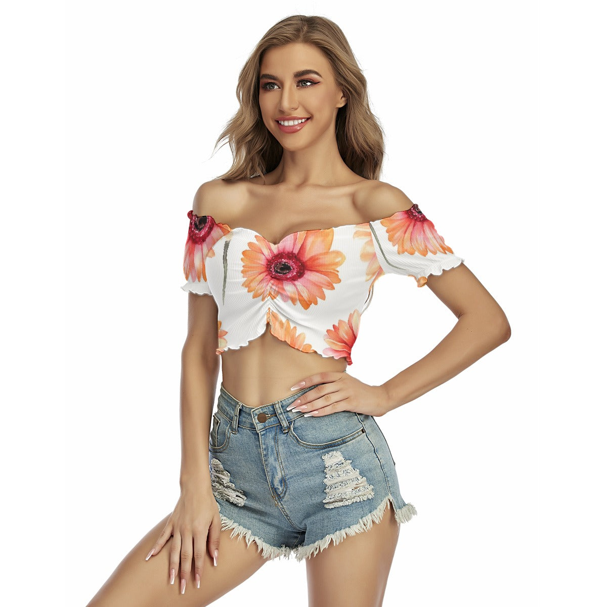 All-Over Print Women's One-shoulder Off-the-navel Short Sleeve T-shirt