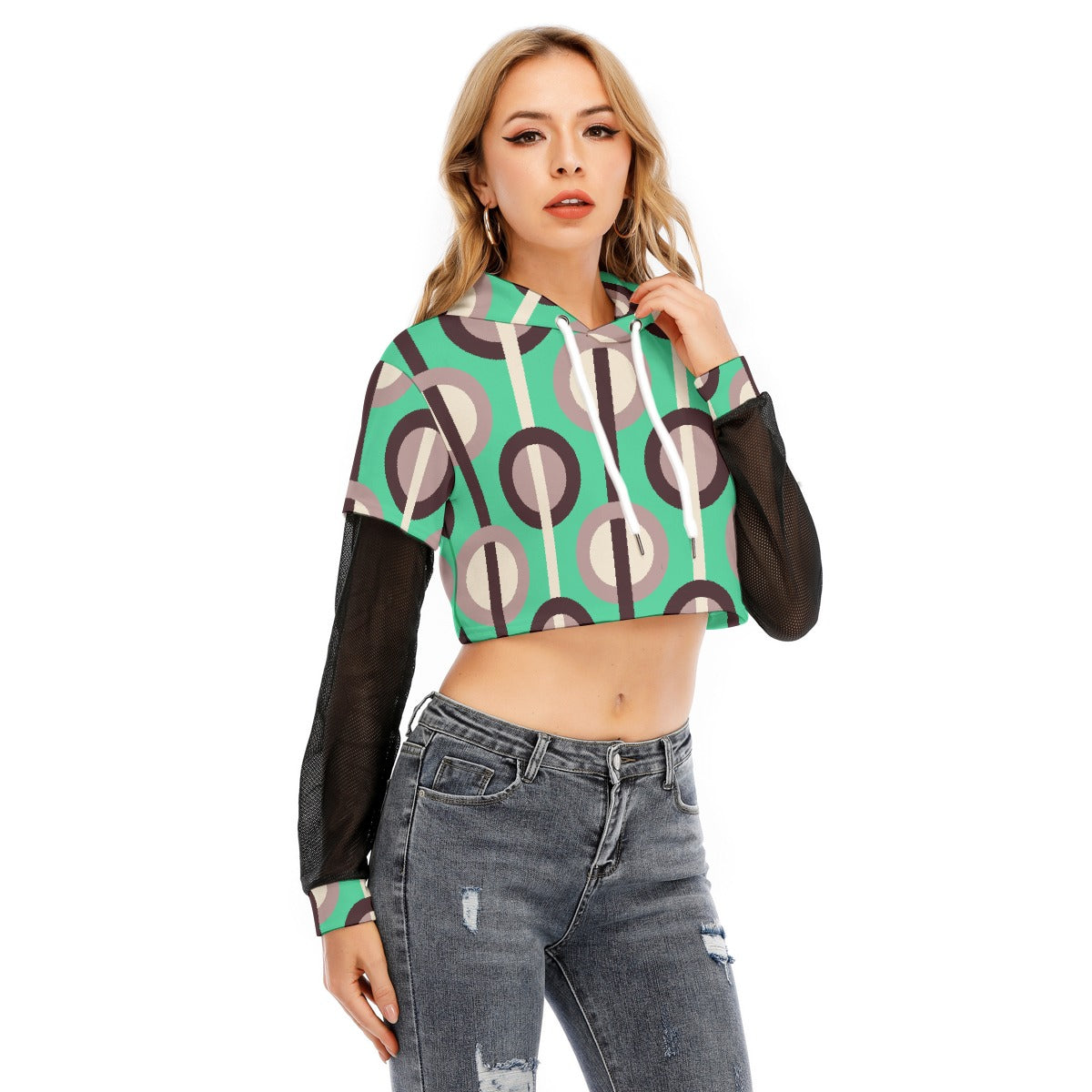 All-Over Print Women's Fake Two-piece Mesh Sleeve Cropped Hoodie