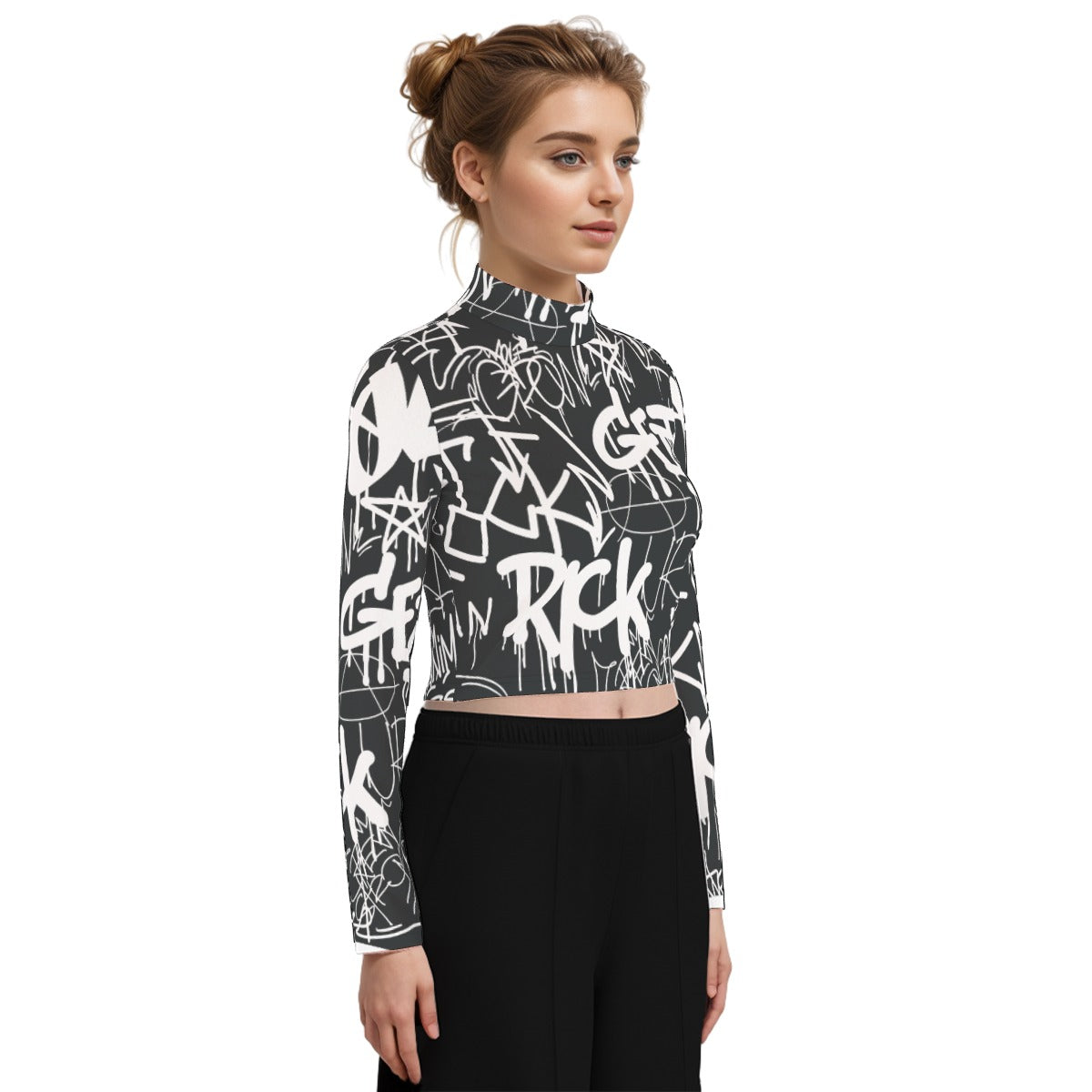 Eco-Friendly All-Over Print Women's Turtleneck T-shirt With Long Sleeve