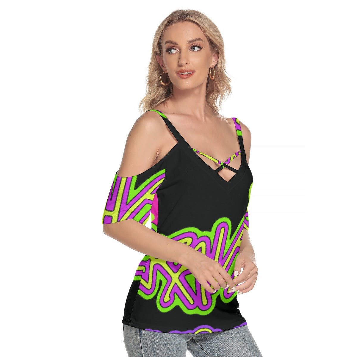 All-Over Print Women's Cold Shoulder T-shirt With Criss Cross Strips