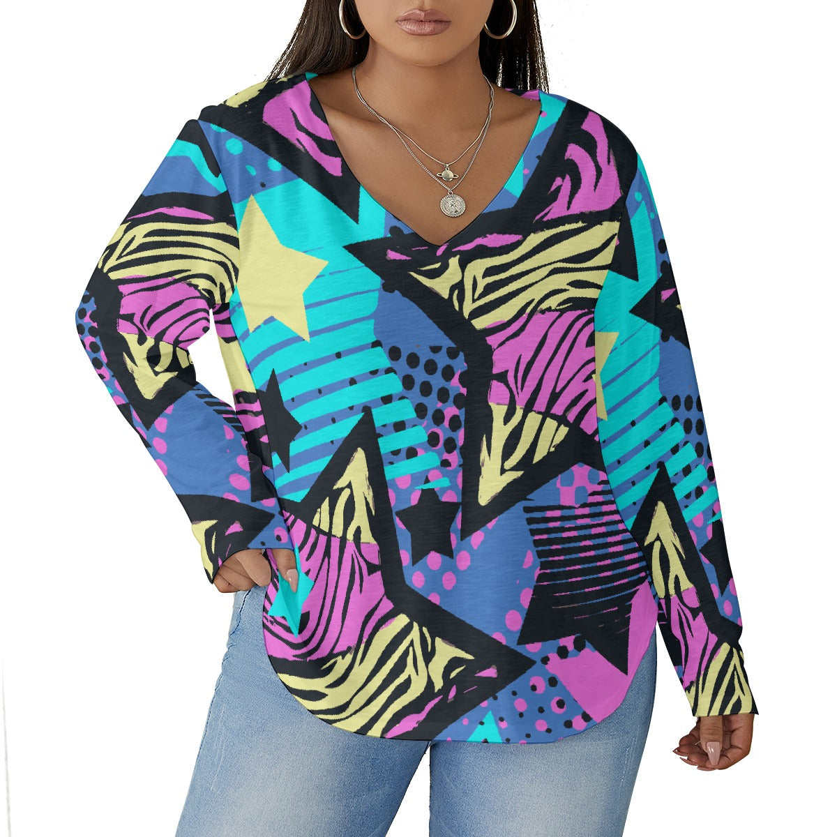 All-Over Print Women's V-neck T-shirt With Curved Hem(Plus Size)