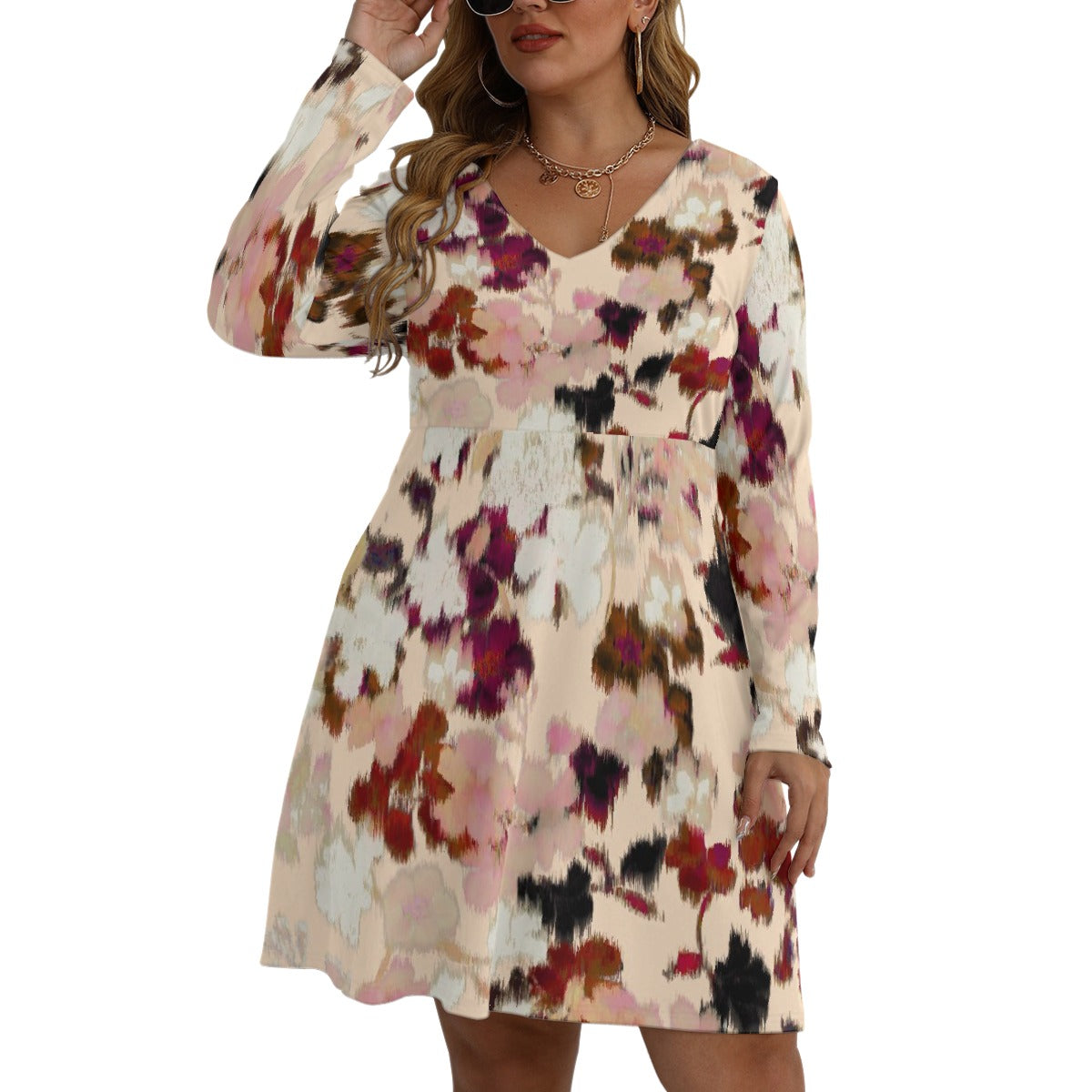 All-Over Print Women's V-neck Long Sleeve Dress(Plus Size)