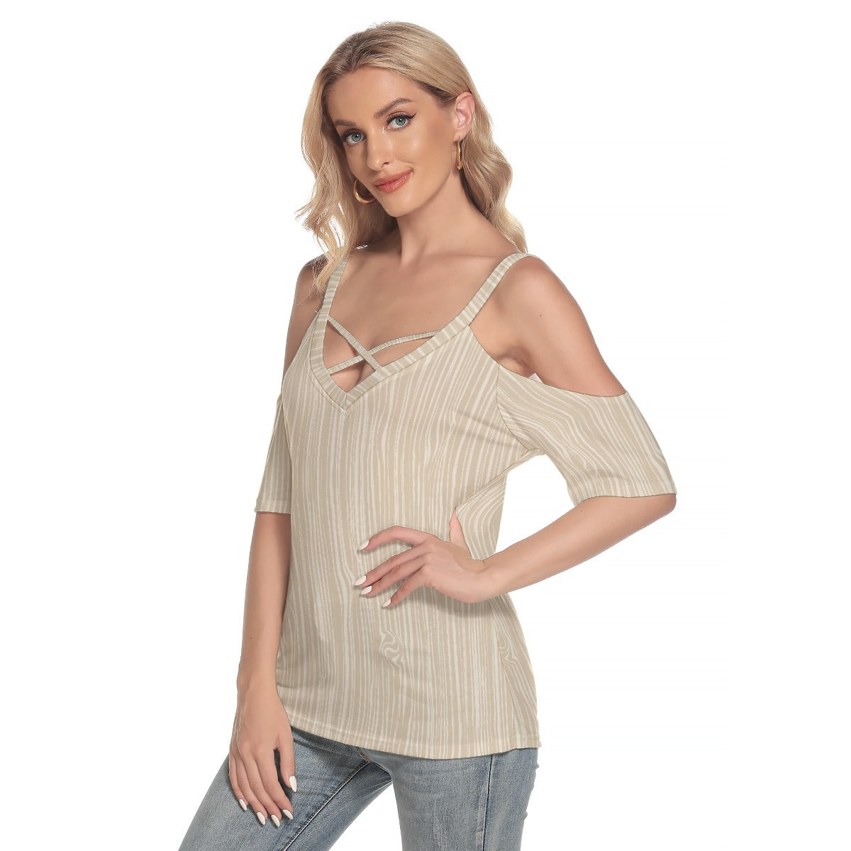 All-Over Print Women's Cold Shoulder T-shirt With Criss Cross Strips